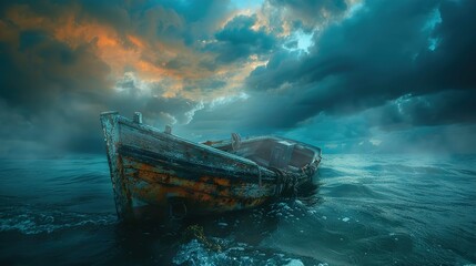 An old, weathered boat with a rustic appearance floats partially submerged in a body of water under a dramatic sky. The boat's surface has peeling paint and signs of deterioration, emphasizing its age - Powered by Adobe