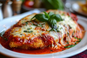 A plate of freshly prepared cheesy chicken parmigiana garnished with basil