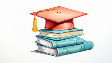 Clipart of a symbolic representation of graduation, featuring a stack of colorful books and a graduation cap with a tassel, rendered in delightful watercolor shades, focusing on the theme of education
