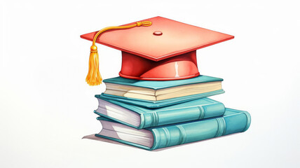 Clipart of a symbolic representation of graduation, featuring a stack of colorful books and a graduation cap with a tassel, delightful watercolor shades, focusing on the theme of education