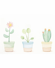 Clipart of a miniature garden of cute cacti in mismatched pots, rendered in a delightful watercolor style, focusing on playful colors and forms, elegantly isolated on a white background