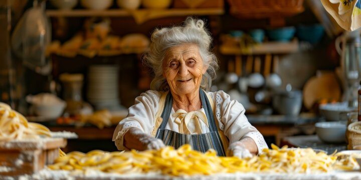 b'An old woman is making pasta in the kitchen.'