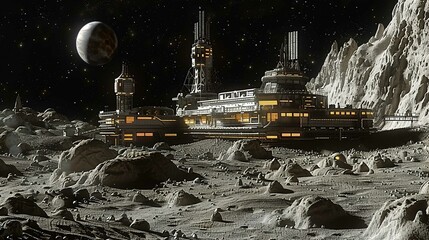 The image depicts a science fiction scene set on a lunar surface. The foreground is covered with rocky terrain and small craters, characteristic of a moon's surface. A large, complex structure that ap