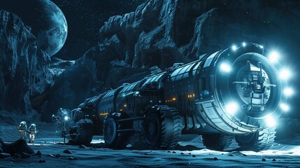The image depicts a futuristic scene on a celestial body's surface, potentially a moon or planet, with a rugged, rocky terrain. Dominating the scene is a large, sophisticated vehicle resembling a spac