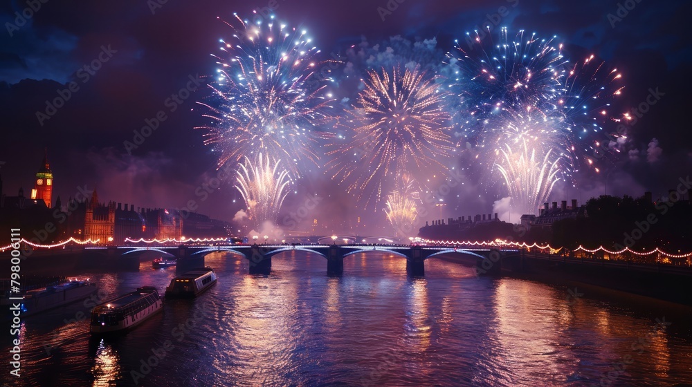 Poster a bridge over a river with fireworks in the background. the fireworks are lit up in the night sky, c