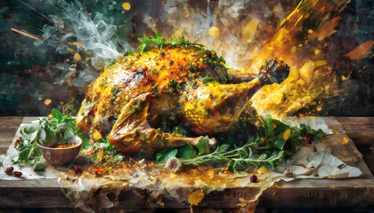 Abstract Delicious Roast Turkey with Crispy Golden Brown skin on digital art concept, Generative AI.