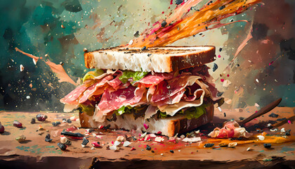 Abstract exploding photon Sandwich with prosciutto on wooden acrylic paint maximalism on digital art concept, Generative AI.