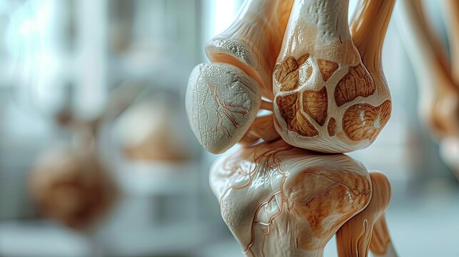 Conceptual 3D model of a human knee joint showing bones, ligaments, and cartilage, designed for educational purposes