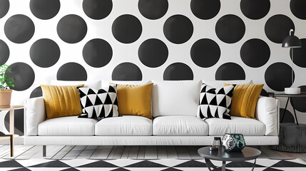 abstract geometric patterned wall decals adorn a white couch adorned with a variety of pillows, inc