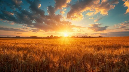 wheat field with golden sunset light during sunny summer day