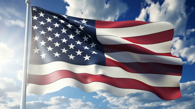 b'American flag waving in the wind with a blue sky and white clouds in the background'
