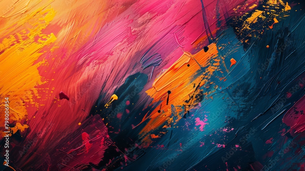 Poster a colorful painting with splatters of paint on it. the colors are bright and bold, creating a sense 