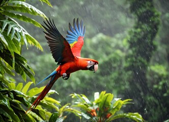 Red Parrot In Rain Macaw Parrot Fly In Dark Green Vegetation 