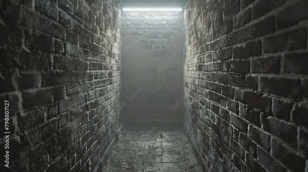 Poster a dark, narrow brick tunnel with a light shining through it. the light casts shadows on the walls an