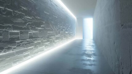 A long, narrow hallway with a white wall and a light shining through a doorway. The hallway is empty and the light creates a sense of emptiness and loneliness