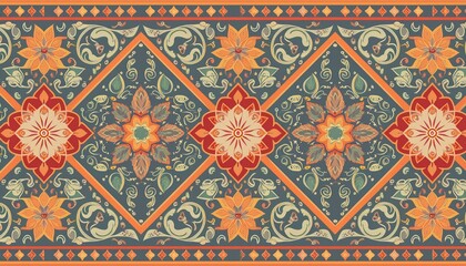 Rectangular seamless Bandana Print vector design for rug, carpet, tapis, shawl, towel, textile, yoga mat. Neck scarf or kerchief pattern design. Traditional ornamental ethnic pattern with paisley