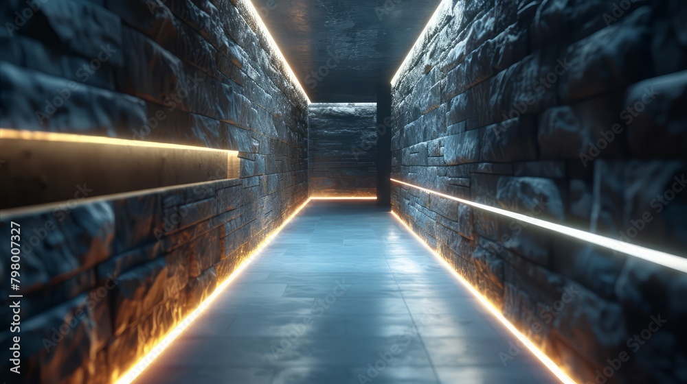 Poster A dark, narrow tunnel with a blue light shining down on it. The tunnel is made of stone and he is a part of a larger structure