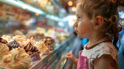 A child mesmerized by delectable pastries at a bakery display