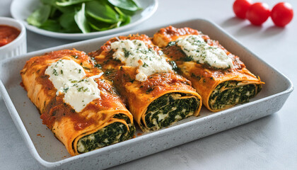 Close-up of vegan lasagna roll-ups filled with tofu ricotta, spinach and marinara sauce. Tasty dish