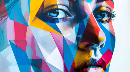 abstract geometric portrait of a woman with a blue face, open mouth, and large nose