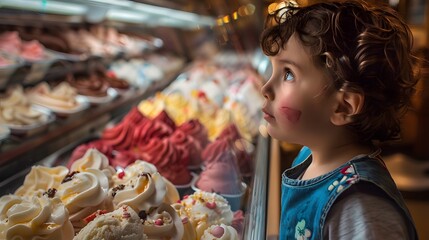 A child marvels at a colorful display of gelato