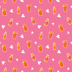 Seamless pattern with bottles of sunscreen on a pink background.