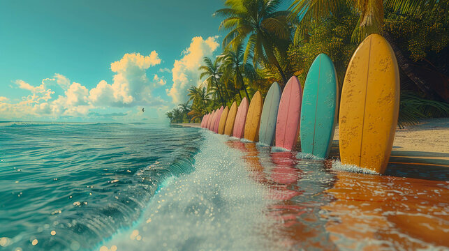 Surfboards on a sandy beach with palm trees and blue sky