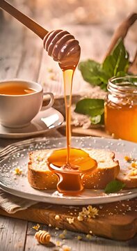 Honey drips from a wooden spoon onto crispy toast. An inviting, sweet breakfast table with fresh honey captured in a vertical video.