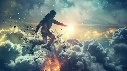 A digital artwork depicts a person shattering into fragments and seemingly disintegrating into a dynamic and explosive scene. The individual, wearing a hoodie and casual clothing, is captured mid-stri