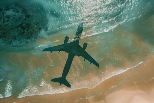 Aerial view of an airplane's reflection on the beach, captured over the ocean.

