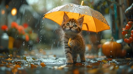 the heartwarming sight of a cartoon kitten joyfully exploring the rain with its umbrella in hand,...