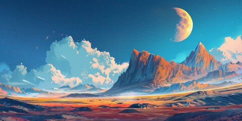 b'Fantasy landscape with a large moon'