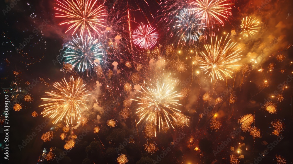 Poster a fireworks display with a lot of bright colors and a lot of fireworks