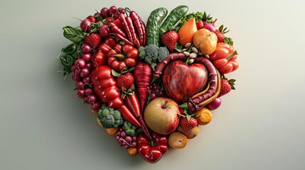 3D model of a heart made of fresh fruits and vegetables, symbolizing heart health and nutrition
