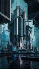  futuristic cityscape using geometric patterns and metallic textures 