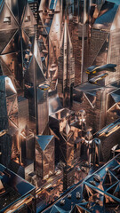  futuristic cityscape using geometric patterns and metallic textures 