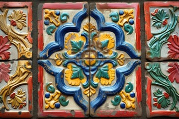 b'Four colorful ceramic tiles with floral and leaf motifs'