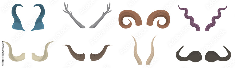 Wall mural png, horny hunting trophy of argali sheep, ibex, african buffalo, stag and reindeer. set of horn of  - Wall murals