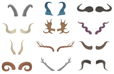 PNG, Horny hunting trophy of argali sheep, ibex, african buffalo, stag and reindeer. Set of horn of different animals isolated on a white background. Icons in flat design.