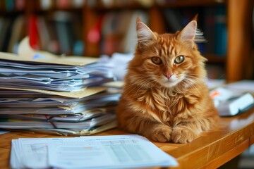 Documenting Pet Travel: Cute cat sits beside a table piled high with stacks of documents, concept of pet documentation and animal transportation logistics.