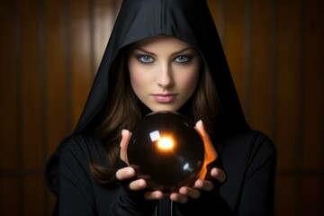 b'A young woman wearing a black cloak and hood gazes into a crystal ball'