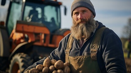 b'A farmer proudly displays his freshly harvested potatoes.'