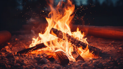 Small campfire with gentle flames beside a lake during a glowing sunset.