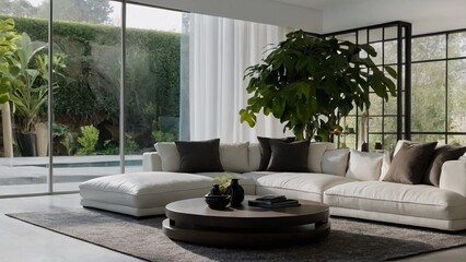 Fototapeta na wymiar Luxury naval blue penthouse interior living room with modern minimalist style open space kitchen 
