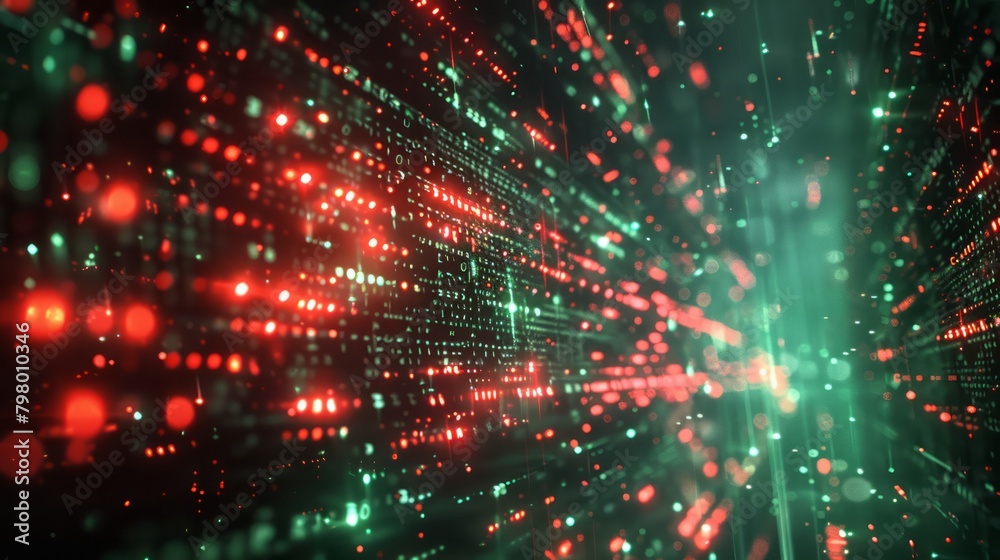 Poster A computer generated image of a green and red line with many small dots. The image has a futuristic and technological feel to it