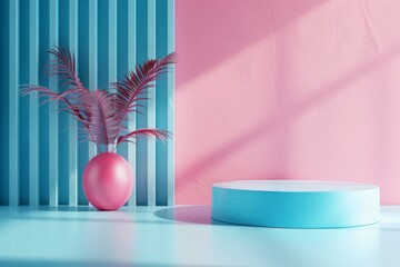 Blue and pink pastel colors podium and palm leaves