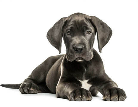 Deutsche Dogge welpe liegend isoliert auf wei&szlig;en Hintergrund, Freisteller