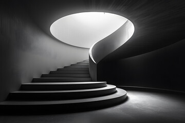 Black & white spiral staircase. Ascending light, minimalist architecture. Fine art photo. High...