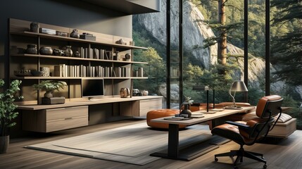 b'Modern home office with a large window looking out onto a forest'
