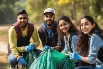 volunteers group collecting garbage. save earth concept.